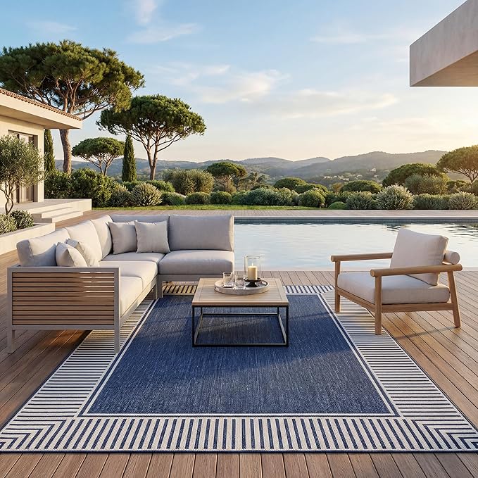Nuloom Asha Navy/Ivory, 6'7" Square, Casual, Striped Border, Soft and Cozy, High Traffic, Stain Resistant, Easy Clean, Durable Area Rug for Indoor/Outdoor Patio, Deck, Porch, Garden, Courtyard