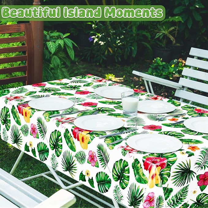 QZYL 12 Pack Hawaiian Luau Tablecloths, 108" X 54" Luau Party Decorations, Plastic Floral Leaf Tablecloth, Disposable Hawaiian Party Decor, Rectangle Tropical Table Cloths for Beach Party Supplies