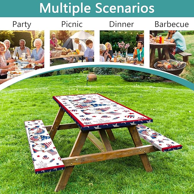 4th of July Picnic Table Cover with Bench Covers, Camping Essentials, Patriotic American Flag Gnomes Stars Table Cover Waterproof Fitted Tablecloth Cover with Elastic Edge for Outdoor 3 PCS 30x60 Inch