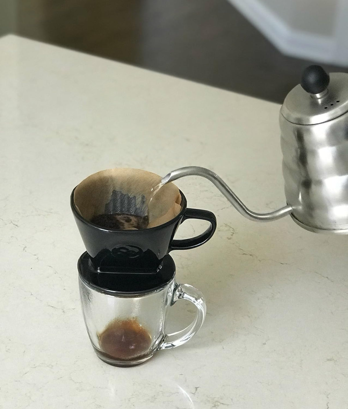 Simply Charmed Coffee Pour Over Single Cup Ceramic Brewer Coffee Maker with Melitta Filters (Black) 8-16 oz Depending on How Much Water/Grounds You