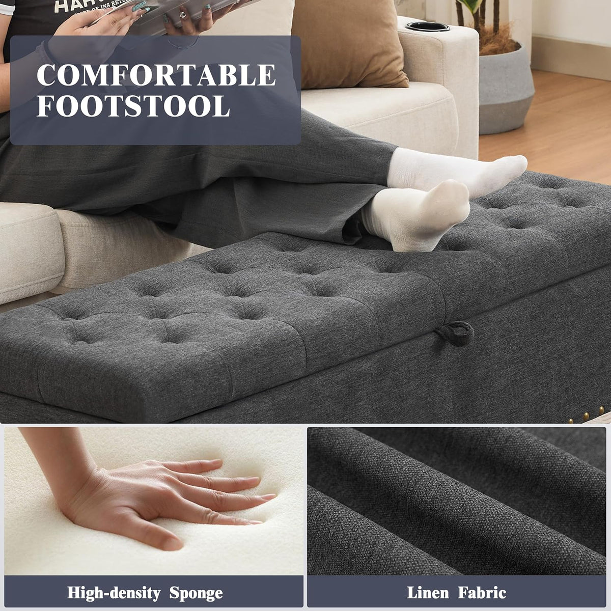 50" Storage Ottoman Bench, Tufted Ottoman with Storage for Living Room, Large End of Bed Ottomans, Modern Entryway Benchs, Window & Bedroom Benches for Foot of Bed (Dimgray)