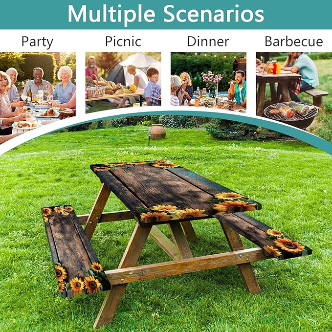 Picnic Table Cover with Bench Covers Wood Sunflower Flowers Wooden Floral Waterproof Windproof Fitted Outdoor Tablecloth with Elastic Rectangle Table Cloth Camping Accessories,60x30 Inch