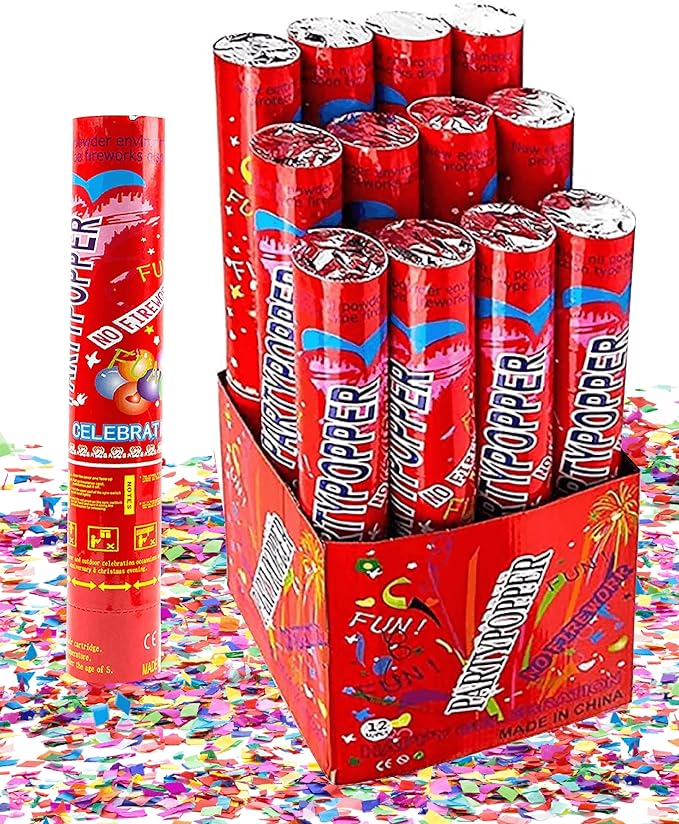 Toysery 12 Pack Confetti Cannons - Multicolor Compressed 12-inch Large Party Poppers for Birthdays, Weddings, Indoor or Outdoor Parties, Christmas Eve, and New Year Celebrations