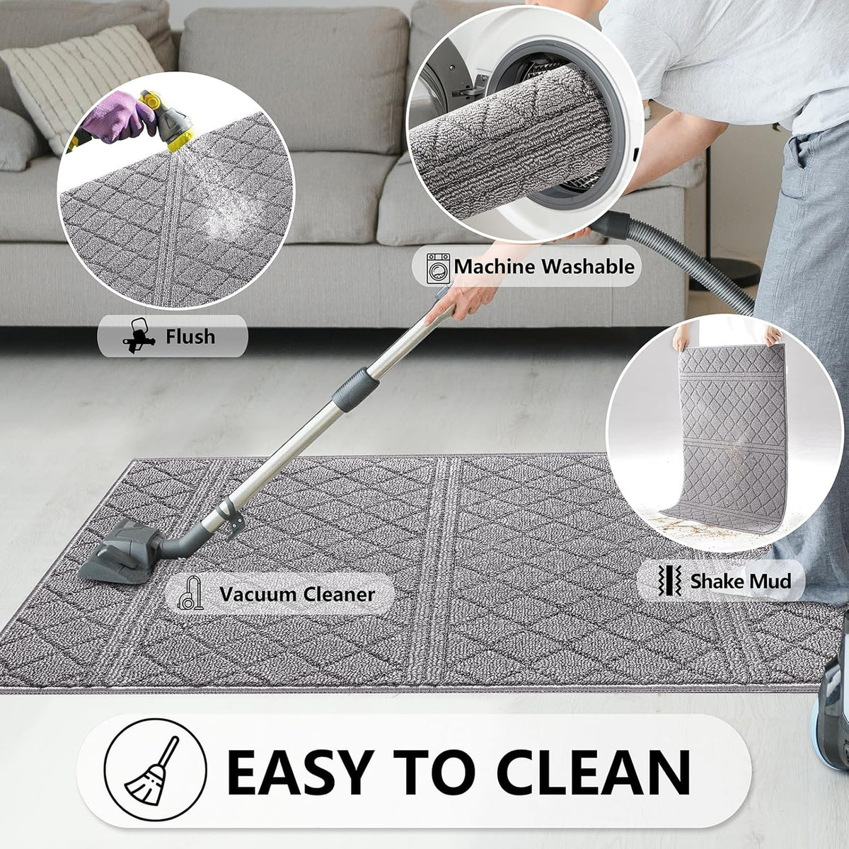 REFETONE Indoor Doormat, Front Back Door Mat 16"x24" Absorbent Rubber Backing Non Slip Door Mats, Low-Profile Resist Dirt Rugs, Machine Washable Door Rug Inside Floor Mat for Entryway, Light Grey
