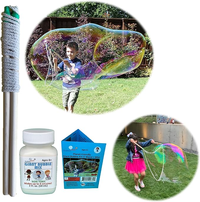 Bubbleventi Giant Bubble Kit | Made in USA | Includes 1 Wooden Wand, a Tips and Tricks Booklet, and 1 Bubble Mix - Makes 4 Gallons of Big Bubble Solution for Birthdays and STEM Fun
