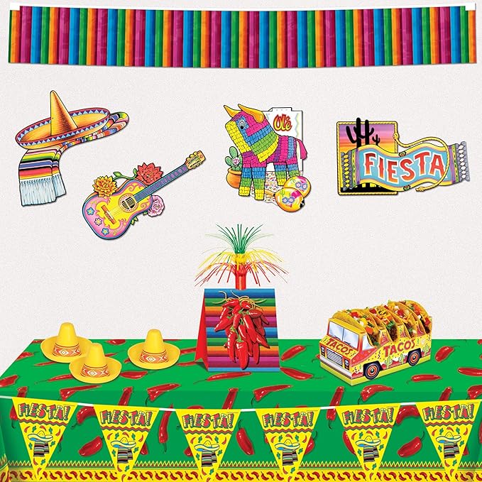 Beistle Fiesta Cutouts, 4-Count Double-Sided Mexican Party Decorations Featuring Sombrero, Piñata, Guitar & Fiesta Sign – Cinco de Mayo or Themed Events, 15.25"–19.25"