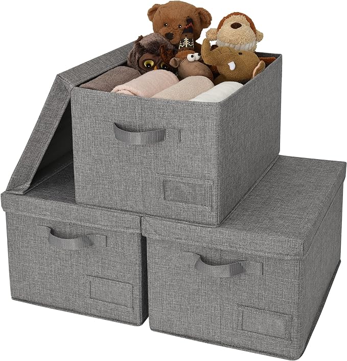 GRANNY SAYS Storage Bins with Lids, Linen Closet Organizers and Storage Baskets for Shelves, Storage Containers for Closet Organization, Large Bins for Storage, Dark Gray, 3-Pack
