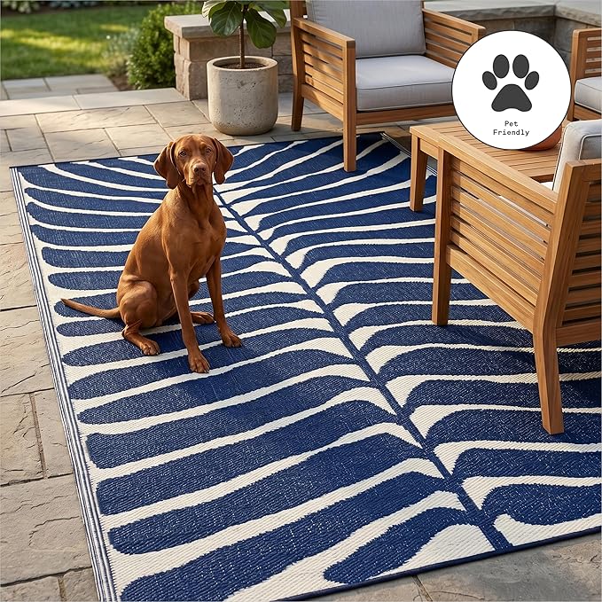 Fab Habitat Tropical Botanical Floral Outdoor Rug - Waterproof, Crease-Free Fade Resistant, Reversible - Recycled Plastic - Patio Porch Balcony Deck Yard Garden - Hilo Navy - 5x8 ft