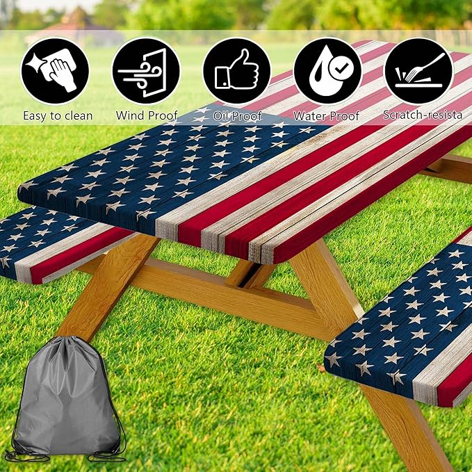 American Flag Picnic Table Cover with Bench Covers, Waterproof Windproof Oilproof, Camping Essentials, Fitted Tablecloth Cover with Elastic Edge, for Indoor & Outdoor, Garden, 3 Pieces Set, 30x96 Inch