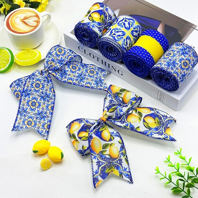 4 Rolls Lemon Wired Edge Ribbon, 2.5 Inch x 20 Yards Summer Yellow Lemon Print Grosgrain Ribbon for Wreath Bow Making, Gift Wrapping, DIY Crafts, Baby Shower, Party Decorations (Blue Lemon)