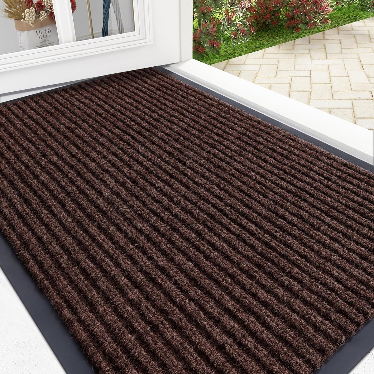 OLANLY Front Door Mat Indoor Outdoor Entrance, Waterproof Heavy Duty Doormat, Fade Resistant, Low Profile, Easy Clean Patio Porch Welcome Floor Mats for Entry, 33x21, Brown