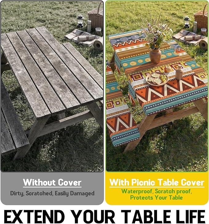 Fitted Picnic Table Cover with Bench Covers Fitted Rectangle Table Cloth Tablecloth Camping Gear Essentials Rv Accessories Road Trip Supplies Car Travel Must Have 6 Ft Foot Feet 72in Bohemian Boho