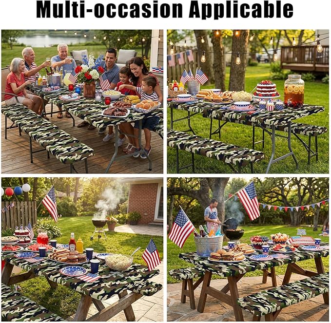 Smiry Picnic Table Cover with Bench Covers, Waterproof Elastic Fitted Tablecloth for 6 Foot Tables, Washable Polyester Camouflage Tablecloths for Camping & Indoor (Olive Drab, 30x72 Inch 3-pc Set)