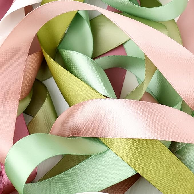 6 Rolls Sage Green and Dusty Rose Ribbon 1 Inch Green Pink Satin Ribbon Blush and Sage Ribbon for Wedding Baby Shower Backdrop Garland Gift Wrapping - 60Yards