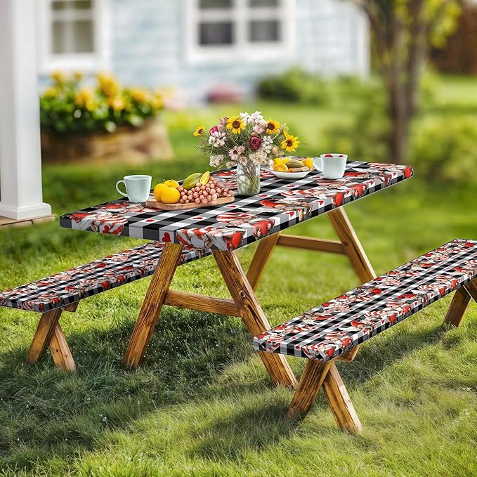 Valentine's Day Picnic Table Cover with Bench Covers, Camping Essentials, Valentines Decor Waterproof Windproof, Fitted Tablecloth Cover with Elastic Edge, Outdoor Table Covers, 3 PCS, 30x72 Inch