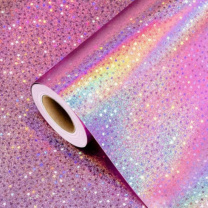Burymento Pink Wrapping Paper Roll, Metallic Holographic Star Gift Wrap for Birthday, Valentines, Mothers day, Graduation, Wedding, Fathers day, Baby Shower, Christmas (30 IN x 32.8 FT)