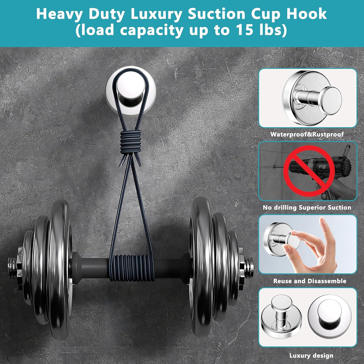 Suction Cup Hooks for Shower,Removable No Drill Towel Hooks,Upgraded 15 lbs Strong Suction hooks for Bathroom Tile,Shower Wall,Glass Door,Kitchen-Loofah,Coat,Stainless Waterproof-Chrome 2 Pcs