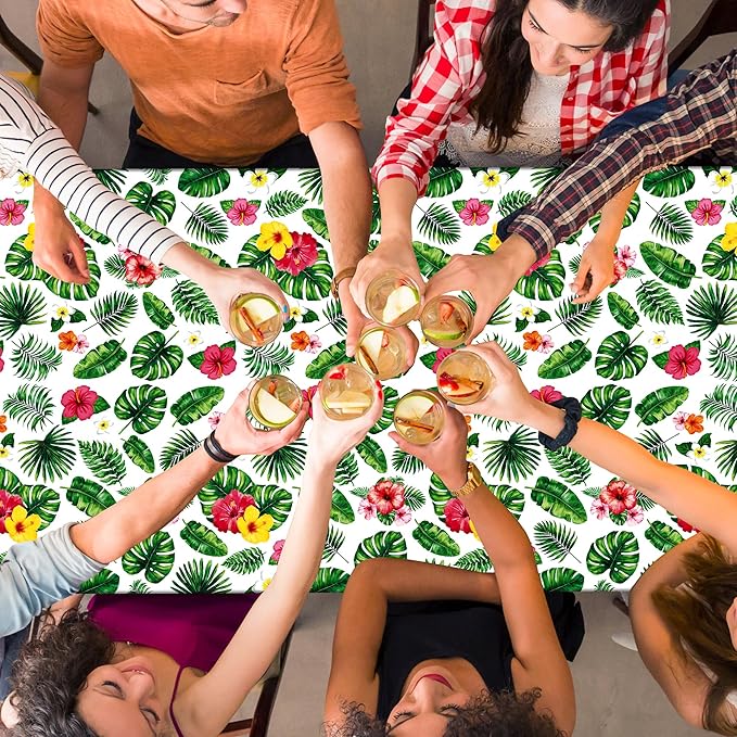 QZYL 12 Pack Hawaiian Luau Tablecloths, 108" X 54" Luau Party Decorations, Plastic Floral Leaf Tablecloth, Disposable Hawaiian Party Decor, Rectangle Tropical Table Cloths for Beach Party Supplies