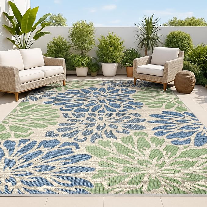 JONATHAN Y Floral Textured Weave Indoor Outdoor Area Rug 8X10 Navy/Green, Zinnia Modern for Backyard, Patio, Porch, Easy-Cleaning, High Traffic, Pet-Friendly, Non-Shedding (SMB110B-8)