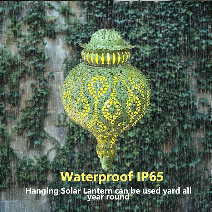 Moroccan Solar Lanterns Outdoor Waterproof Green Hanging Lanterns Outdoor Ramadan Garden Decor Gardening Gifts for Women Mom Grandma Solar Lights for Patio, Pathway, Yard, Porch, Backyard.