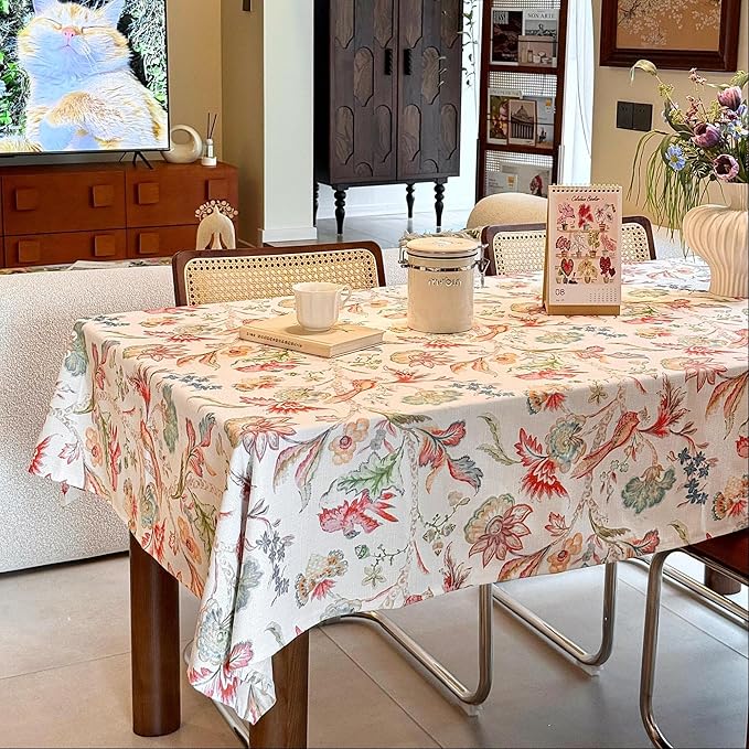 Spring Summer Outdoor Tablecloth 60 x 84 Inch, Rectangular Waterproof Spillproof Table Cloth, Washable Decorative Floral Table Cover for Dining, Farmhouse, Party, Easter - Flowers and Birds