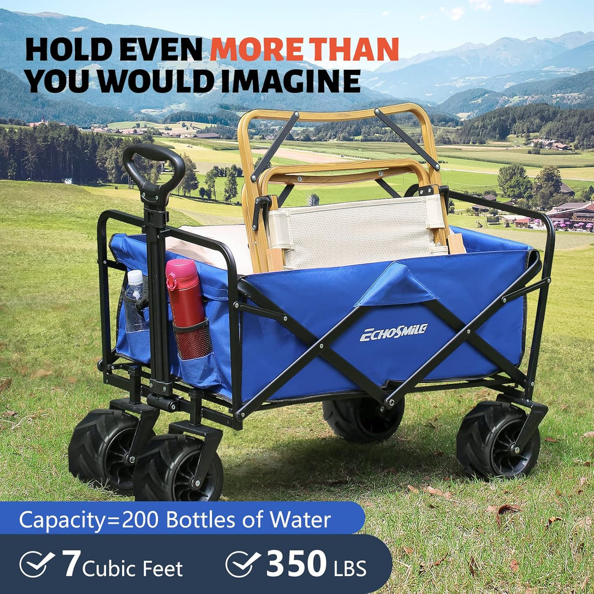 EchoSmile Heavy Duty 350 Lbs Capacity Collapsible Wagon, Outdoor Folding Camping Wagons, Grocery Portable Utility Cart, Adjustable Rolling Carts, All Terrain Sports Wagon with Big Wheels by Boahaus