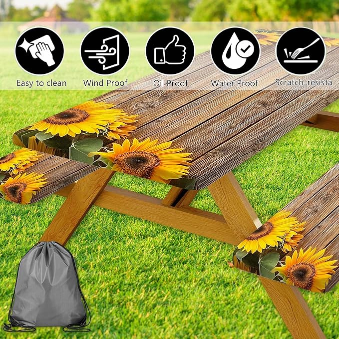 Sunflower Picnic Table Cover with Bench Covers, Waterproof Windproof, Camping Essentials, Fitted Tablecloth Cover with Elastic Edge, for Indoor & Outdoor, Garden, Camping, 3 Pieces Set, 30x72 Inch