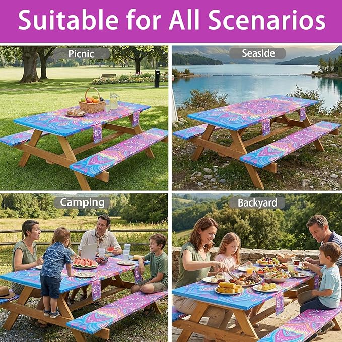 3 Piece 96x30Inch Picnic Table Cover with Bench Covers Fitted Elastic Weather Proof Camping Table Clothes Camp Motorhome Tools Gardening Rv Items Outside Road Trips Must Haves Gift for Adults