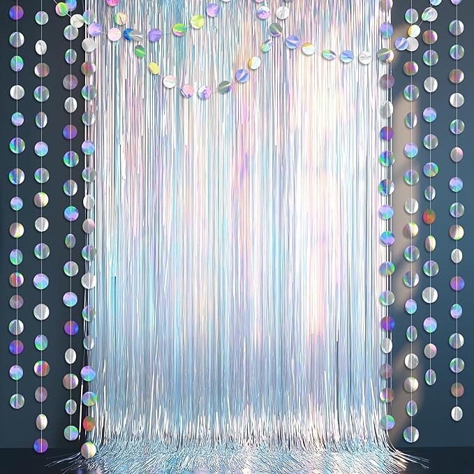 Cheerland Iridescent Tinsel Foil Fringe Backdrop Curtain Circle Garland Holographic Party Decorations Disco Birthday Wedding Graduation Christmas New Year Theme Party Streamer Decor