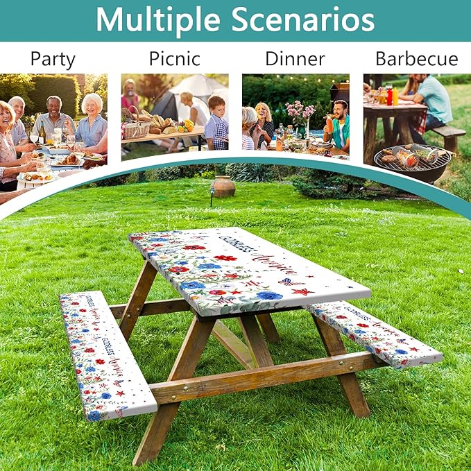 JAWO 4th of July Picnic Table Cover with Bench Covers, Red Blue Watercolor Flowers Fitted Waterproof Tablecloth with Elastic Edge, 3 PCS Set for Outdoor Camping, Independence Day Decorations,96in