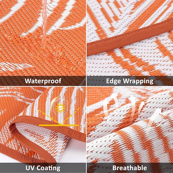 Pauwer Waterproof Outdoor Rug 6ft, Reversible Plastic Straw Patio Camping Rug, Indoor Outdoor RV Mat Carpet for Deck, Camper, Porch, Balcony, Backyard, Picnic, Leaf Orange