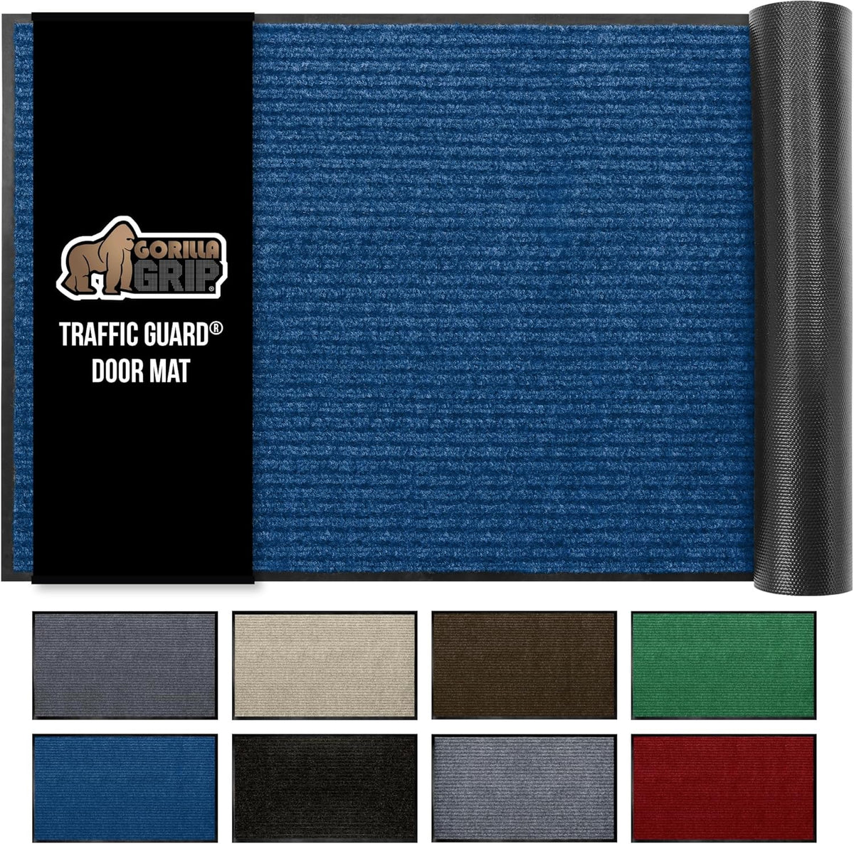 GORILLA GRIP Traffic Guard Door Mat, 59x24, Heavy Duty Welcome Mats, Commercial Office Space Doormat, Waterproof, Fade Resistant, Strong Rubber Backing, Low Profile, Shoe and Boot Scraper, Blue