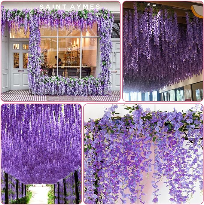 Alotiki Wisteria Hanging Flowers,12 Pack Fake Hanging Flowers,Wisteria Artificiales Garland for Home Wedding Arch Floral Party Garden Ceremony Outdoor Decor,3.6 Feet Long(12,Purple)