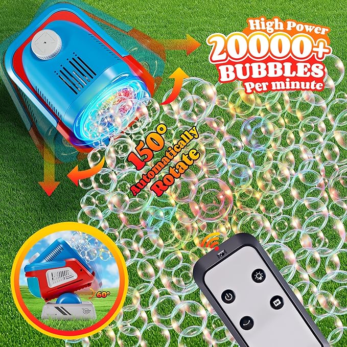 Belemar Upgraded Bubble Machine with Remote Control, Automatic Rotation & RGB Lights, 1800mAh Rechargeable Battery, Type-C Charge, Bubble Maker for Kids, Weddings, Birthday Parties, Outdoor Activities