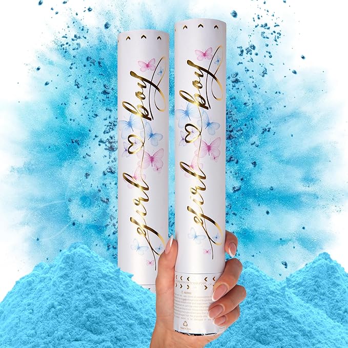 PrimePure Gender Reveal Confetti Cannon - Biodegradable Powder Cannons Smoke Bomb - Blue, 2 Pack - Party Poppers Baby Powder Blue Confetti Poppers for Baby Boy Gender Reveal Party
