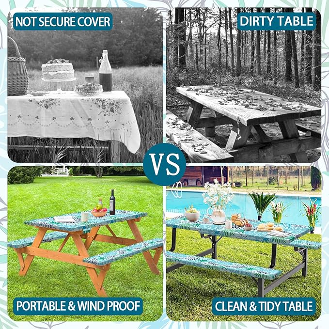 Palm Leaves Picnic Table Cover with Bench Covers, Waterproof Summer Tropical Hawaiian Green Leaves Tablecloth for Camping Indoor Outdoor Party Decorations, 30X72in