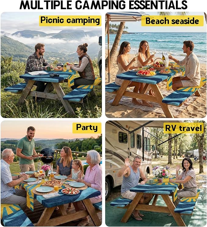 Picnic Table Cover with Bench Covers Tablecloth Fitted Table Cloth Set Camping Essentials Tools Supplies Rv Travel Accessory Gear Outdoor Road Trip Necessities Gadgets Camper Gadgets Things Ideas Kit