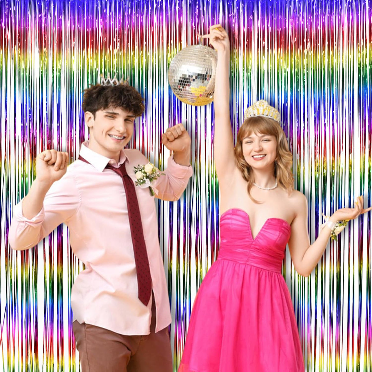 Braveshine Fringe Backdrop Tinsel Foil Curtains - 2 Pack Colorful Metallic Streamers Backdrops for Doorway