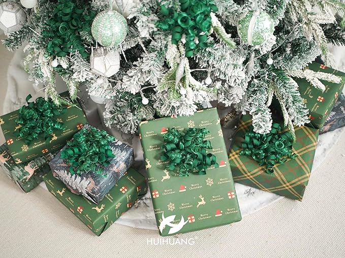 HUIHUANG Green Christmas Bows for Gift Wrapping Curly Gift Bow 5 inch x 8 Counts Forest Green Self-Adhesive Xmas Bows for Presents, Paper Bag, Party Favors, Wrapping Accessories