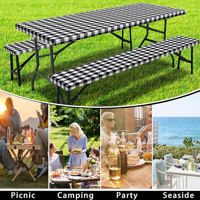 Picnic Table Cover with Bench Covers, Black and White Checkered Waterproof and Windproof, Fitted Tablecloth Cover with Elastic Edge, for Outdoor, Garden, Camping, 3 Pieces Set, 30x60 Inch