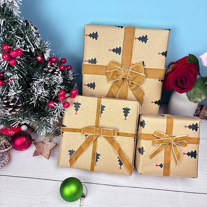 Khaki Velvet Ribbon, Vintage Gold Christmas Ribbon Set, 3 Rolls 3/8, 5/8, 1 inch Wide, 30 Yards Velvet Ribbons for Gift Wrapping, Christmas Tree Ornaments, Crafts, Weddings, Weaths, Garland