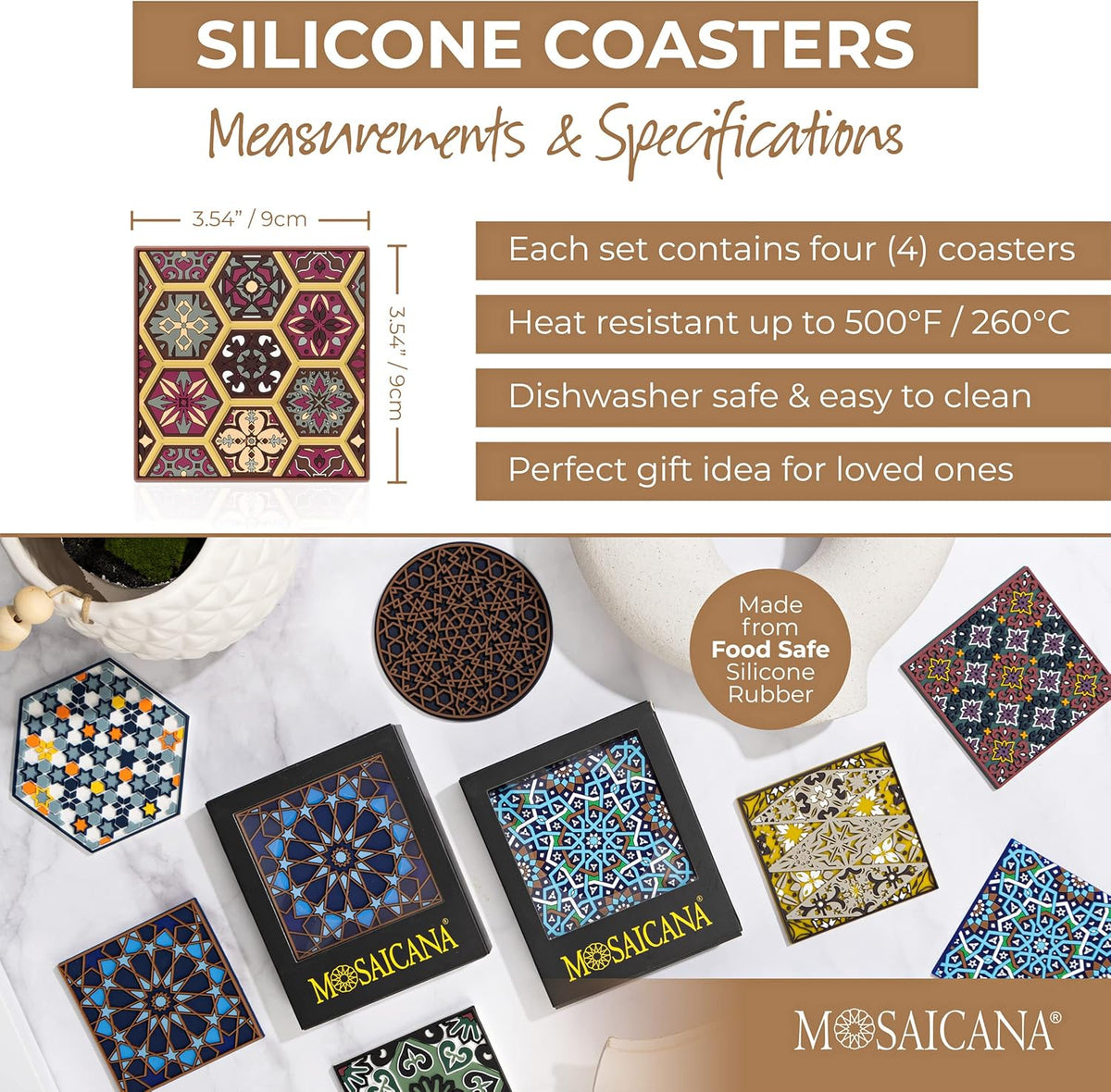 Coasters for Drinks – Set of 4 Coasters, Silicone, Protect Against Water Marks or Damage - Fit All Cups, 3.5" Inch Size Fits