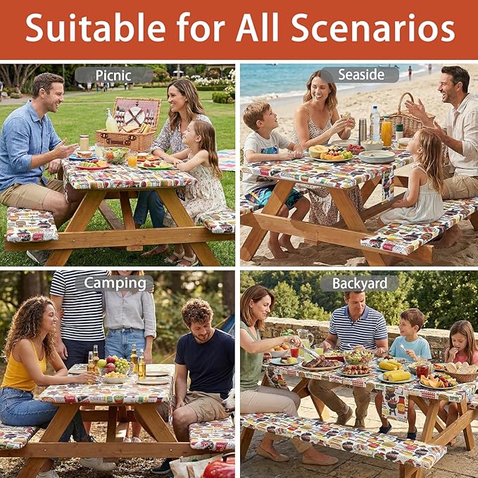 3 Piece Picnic Table Cover with Bench Covers Fitted Camping Table Cloths for 6Ft Tables Camper Travel Trailer Must Haves Motorhome Garden Tools Couple Wife Husband Boyfriend