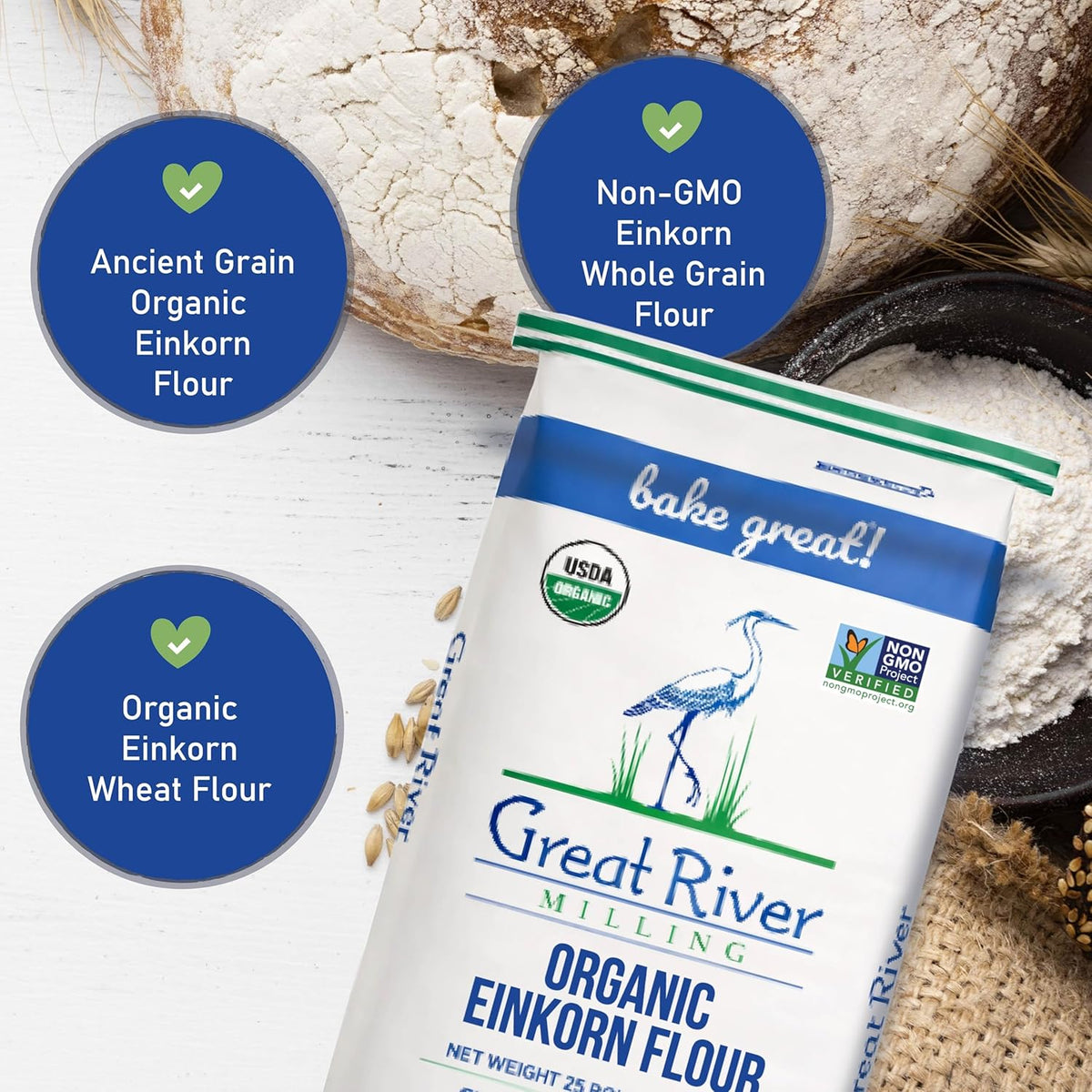 Great River Milling Organic Einkorn Flour, Ancient Grain, 25 lb | Organic Einkorn Flour for sourdough, sandwich loaves, rolls, pizza dough, muffins and rustic baking; hearty wheat flavor