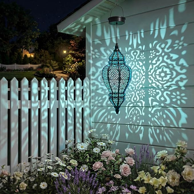 Moroccan Hanging Solar Lights Outdoor Lantern Bidirectional Availabili Garden Decor Waterproof Plastic Blue Decorations for Patio Pathway Yard Backyard Solar Powered Garden Decorative (Black, 1)