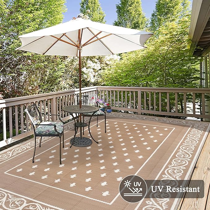 Pauwer Waterproof Outdoor Rug 9x12, Reversible Plastic Straw Patio Camping Rug, Indoor Outdoor RV Mat Carpet for Deck, Camper, Porch, Balcony, Backyard, Picnic, Bordered Beige