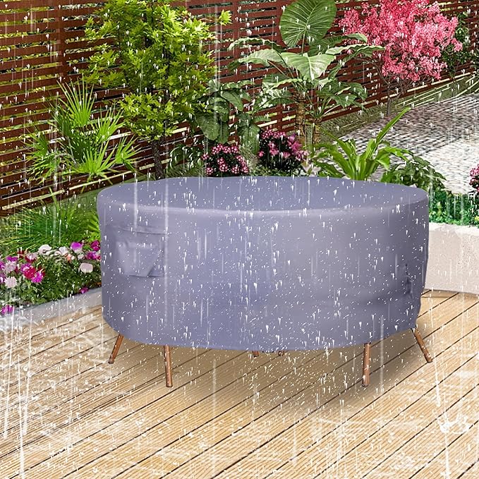 Round Patio Furniture Cover, Heavy Duty and Waterproof for Outdoor Furniture covers, Round outdoor table cover, Patio table cover 96"DIA x 31"H Grey