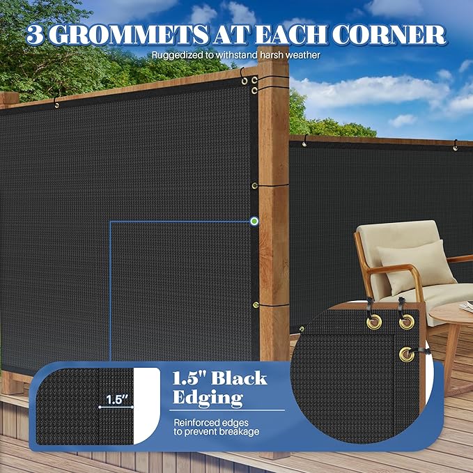 ECOOPTS 8'x192' Privacy Fence Screen Windscreen with Copper Grommets, Fit for Commercial Fence and Residential Garden Outdoor 90% UV Blockage, Cable Zip Ties Included (Black)