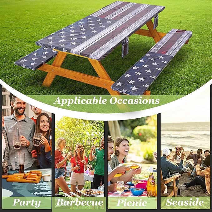 Fitted Picnic Table Cover with Bench Covers Waterproof Elastic Edges Rectangle Patio Tablecloth Outdoor Camping Essentials Stuff Rv Accessories Summer Trip Travel Supplies Party Camper Gifts, 6 ft