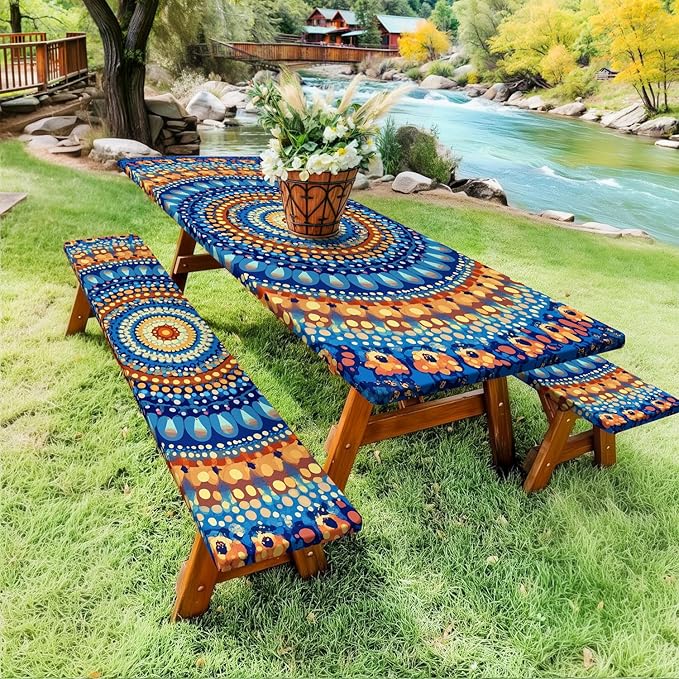 Picnic Table Cover with Bench Covers and Bag, Camping Essentials, Waterproof Windproof Camping Tablecloth, Fitted Tablecloth Cover with Elastic Edge for Indoor Outdoor 3 PCS 30x72 Inch